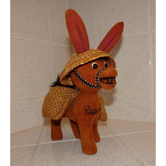 Vintage Fuzzy Flocked Donkey Carrying Salt & Pepper Shakers Puerto Rico Souvenir - Picture 1 of 13